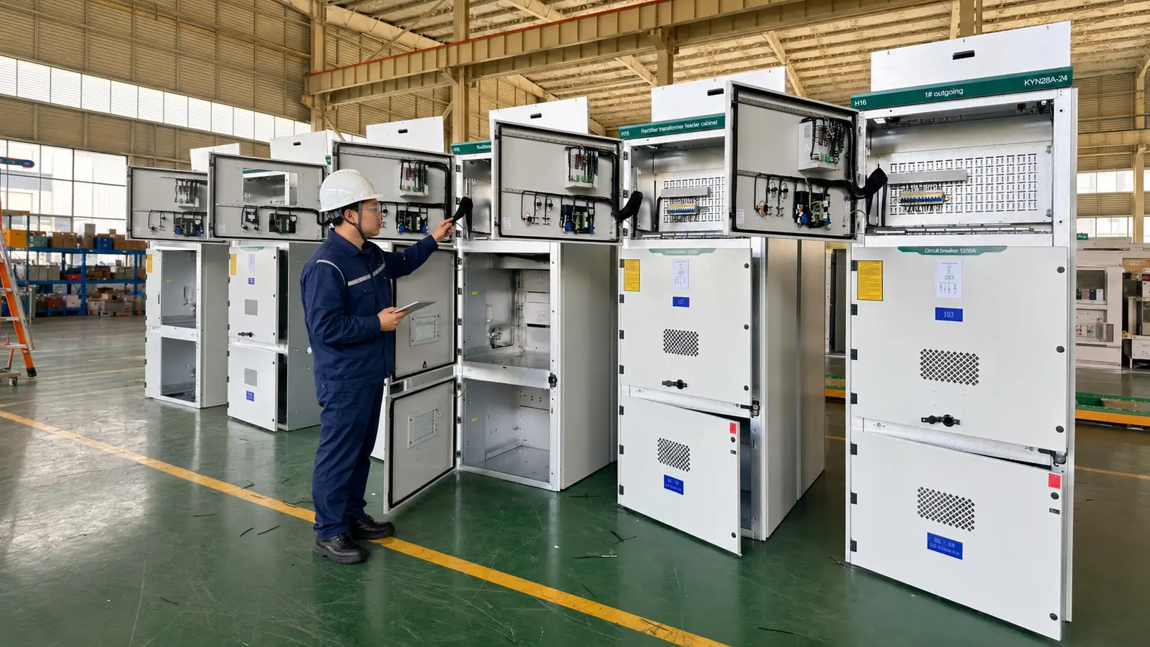 Ring Main Unit vs. Compact Substation: Key Differences Chinese engineer inspecting ZHONGSHAO KYN28A-24 medium-voltage switchgear in the factory
