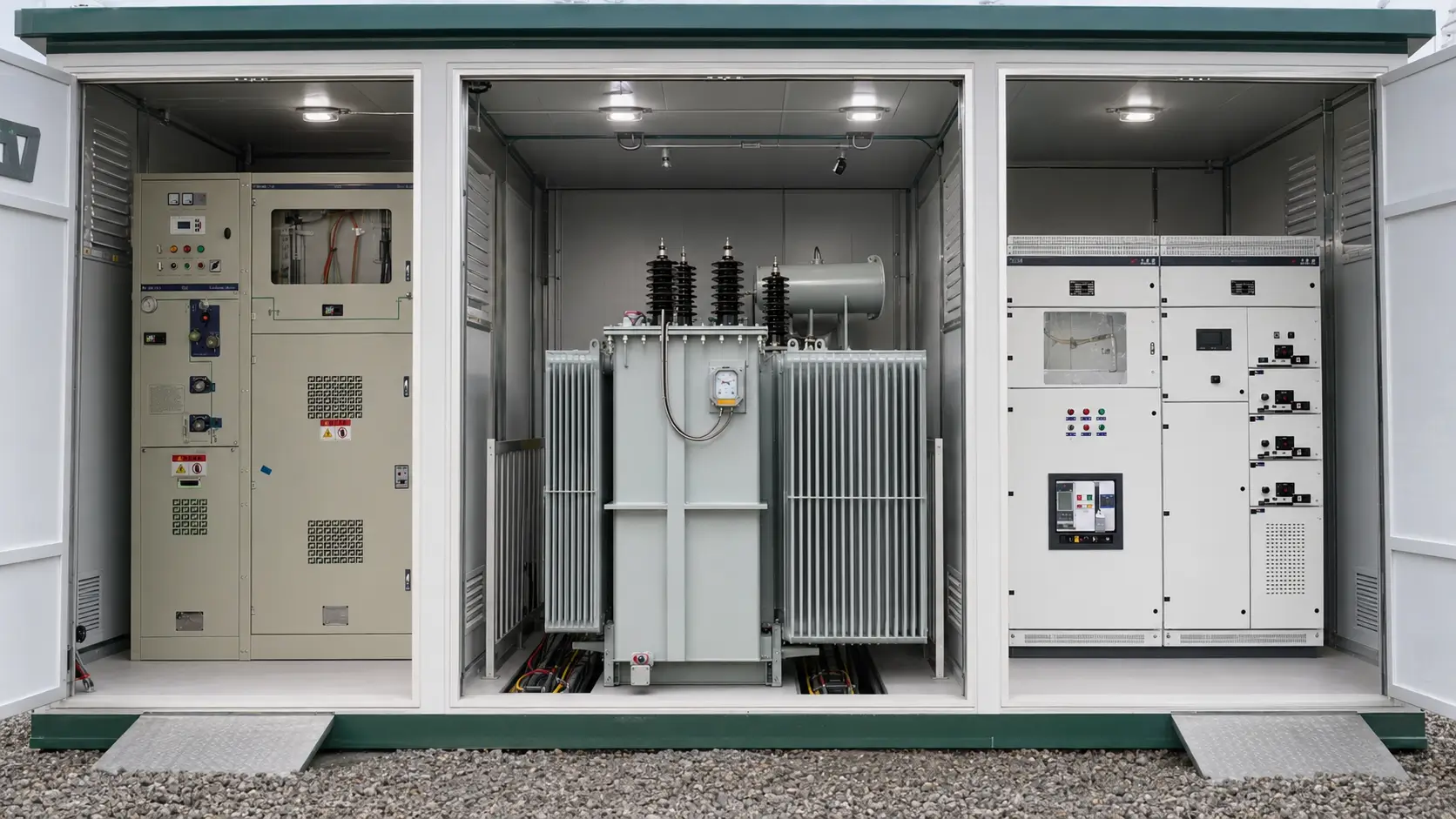 Ring Main Unit vs. Compact Substation: Key Differences Open compact substation showing medium-voltage switchgear, oil transformer and low-voltage panel compartments
