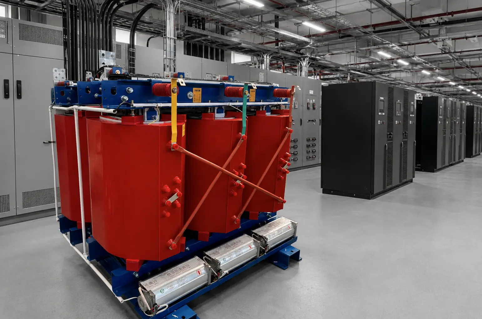 Why Cast Resin Dry-Type Transformers Are Used in Modern Data Centers Dry-type transformer supplying UPS and harmonic loads in a data center