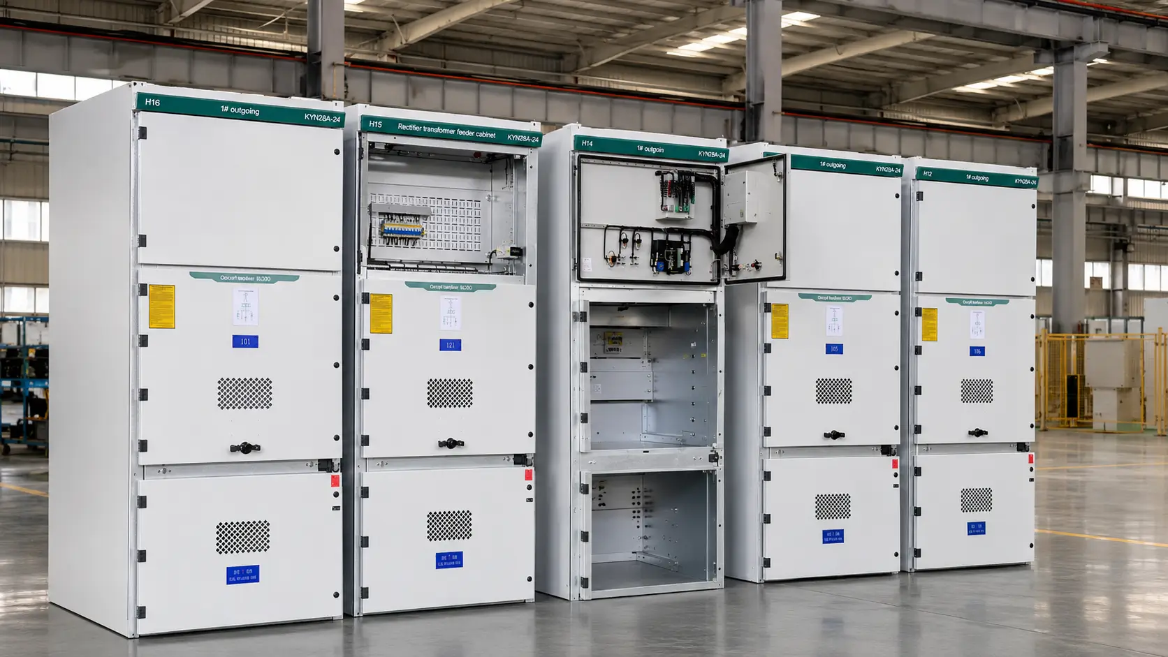 Ring Main Unit vs. Compact Substation: Key Differences ZHONGSHAO KYN28A-24 medium-voltage switchgear lineup in the factory