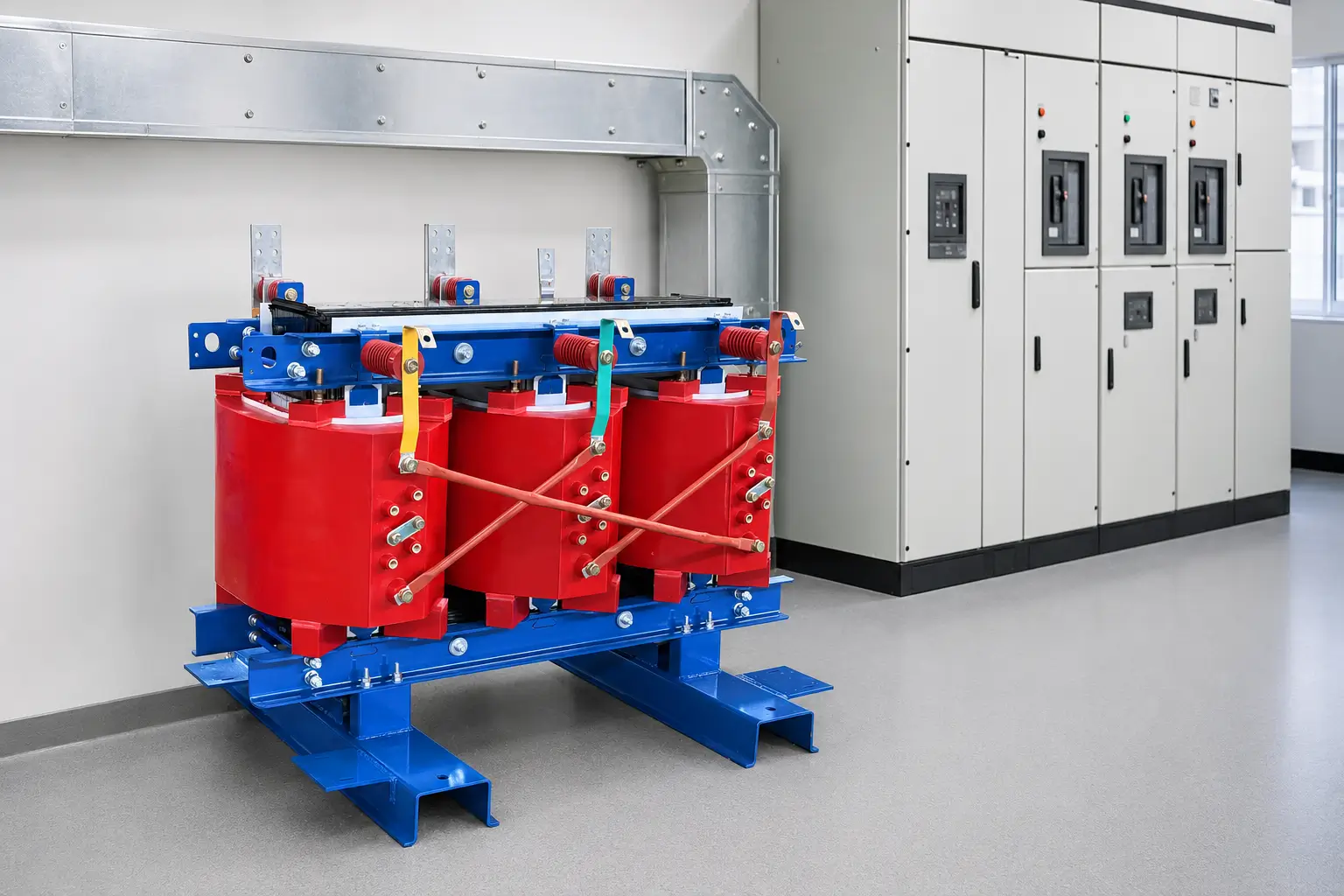 kVA to Amps Calculator Guide for 3-Phase Transformers Three-phase dry-type transformer connected to low-voltage switchgear